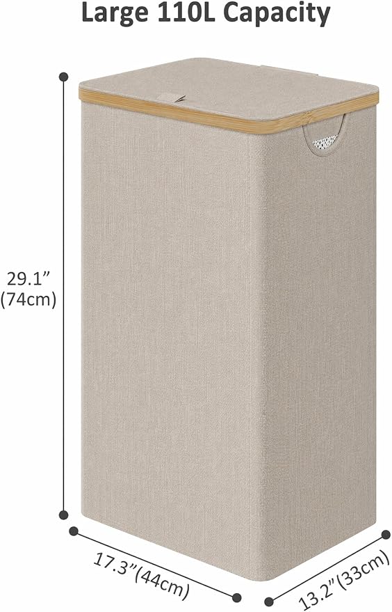 IEGrow Laundry Hamper with Lid,110L Laundry Basket with 2 Mesh Bags,Oatmeal | Dirty Clothes Hamper Basket with Bamboo Handle for Clothes Towels