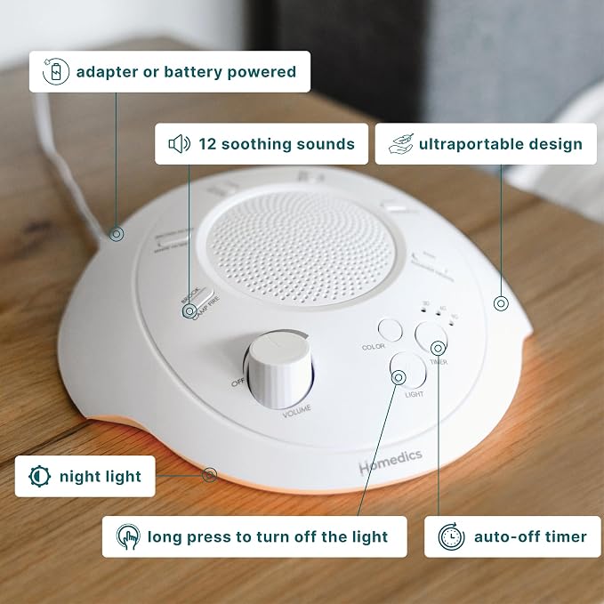 Homedics Sleep Better Portable Sound Machine, Night-Light, Soothing Sounds | White Noise, Auto Shutoff, Auto-Off Timer, Travel, 12 Soothing Sounds Including White Noise, Ultra-Portable Design, Rain