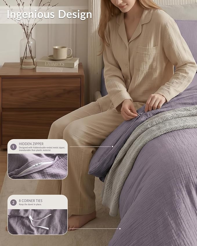 SE SOFTEXLY Muslin Duvet Cover King Size, 100% Washed Cotton Duvet Cover Set, Ultra Soft Comforter Cover Linen Like, 3 Pieces Minimalist Gauze Duvet Cover with 2 Pillowcases, 90"x104", Purple Grey