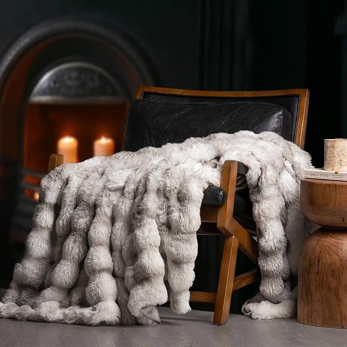 EverGrace Faux Rabbit Fur Bubble Throw Blanket, 60"x80", Light Grey | Ultra Soft, Luxury Faux Rabbit Fur Throw, Thick Warm Bubble Blanket, Cozy Fluffy Reversible, for Bed, Couch, Chair, Sofa