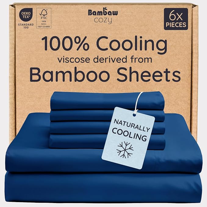 Bambaw Queen Sheet Set 6pcs – 100% Viscose Derived from Bamboo Bed Sheets Queen Size, Breathable Cooling Sheets, Luxury Sheets, Buttery Soft Bed Sheets, Deep Pockets Fits Up to 16'' (Navy Blue)