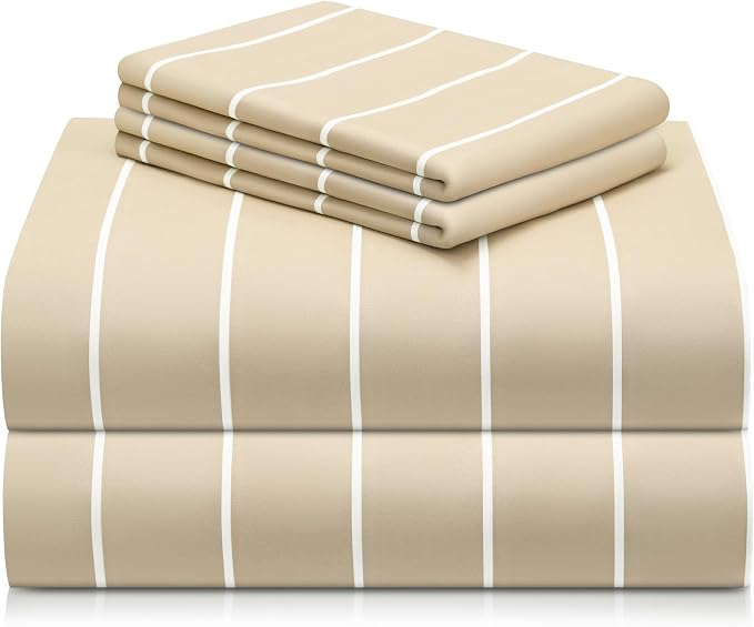 LuxClub 4 PC Full Size Sheet Set, Breathable Luxury Bed Sheets, Deep Pockets 18" Wrinkle Free Cooling Machine Washable Hotel Bedding (Striped Cream) | LuxClub Silky Fitted Sheet & Pillowcase Sets, Breathable Hotel Luxury Bedding for Mattress Wrinkle Fr...