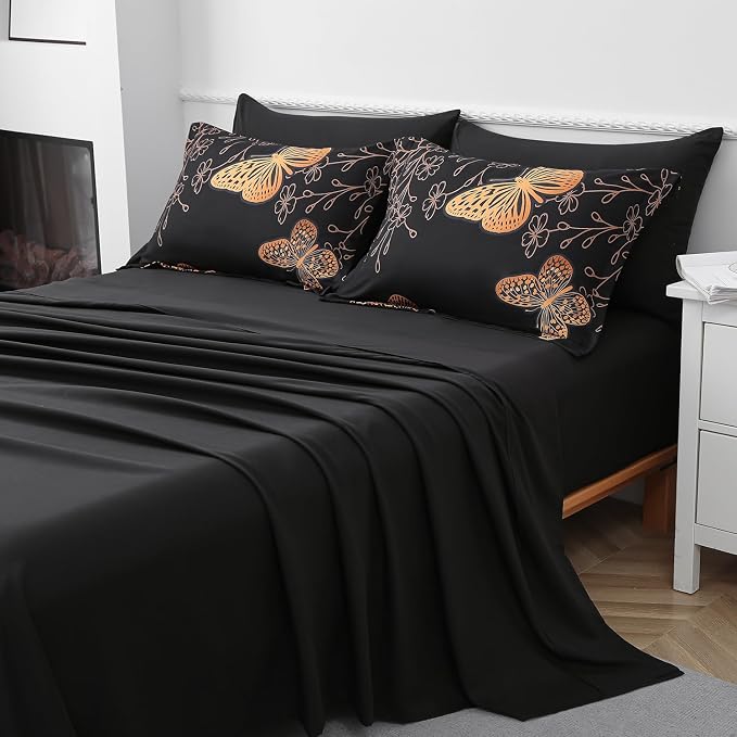 Yogeneg 7 Piece Bed in a Bag Queen Size Comforter Set Black Bedding Set,Gold Butterfly Leaves Printed on Black Reversible Design,Soft Microfiber Comforter with Sheet Set,All Season(Butterfly,Queen)