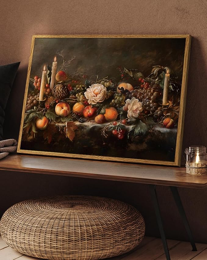 Vintage Framed Autumn Still Life Thanksgiving Wall Art 12x16 Fruits Candles Oil Painting, Rustic Classic Fall Peaches Grapes Canvas Print, Harvest Farmhouse Kitchen Dining Room Decor