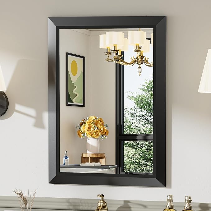 Black Metal Framed Bathroom Wall Mirror, 20x28 Inch | Anti-rust, HD tempered glass, for bathroom vanity, bedroom, living room, horizontal or vertical mount