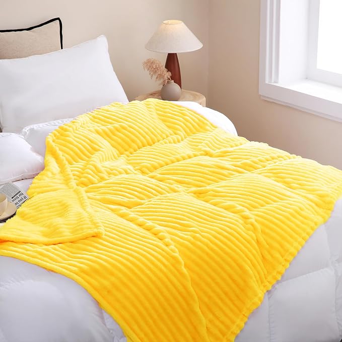 Bright Yellow Fleece Throw Blanket 60”×80” for Couch Sofa Livingroom | Super Soft Cozy Plush Microfiber Flannel Bed Blanket Striped Design Lightweight Home Decor Gifts for Adults Mom Women