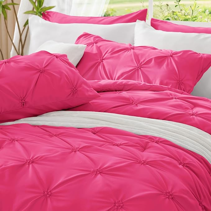 BEDELITE King Comforter Set Hot Pink,Lightweight & Soft Comforter | Pintuck Boho Bedding, Warm & Cute Bed Set for All Season,With 2 Pillowcases