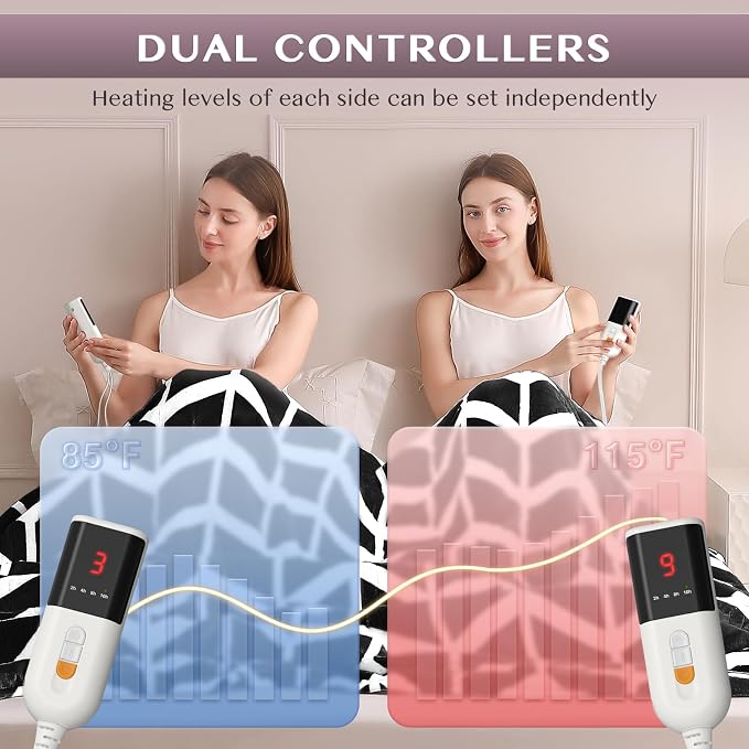VENTIMI Heated Blanket Queen, 9 Heat Levels & 2-10 Hours Auto Off, Black | ETL & FCC, Dual Controller, 84" × 90", Flannel and Sherpa, Bed Couch Use, Machine Washable, Removable Controller
