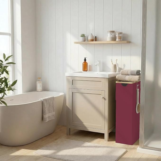 efluky Slim Laundry Basket with Lid, Narrow Laundry Hamper with Removable Bag, Skinny Dirty Clothes Basket with Bamboo Handles for Bathroom, Bedroom & Laundry Room (Burgundy, 75L)