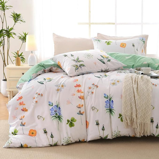 MUXHOMO Duvet Cover Full Size, Reversible Floral Multicolor Duvet Cover Set with Zipper Closure, 3 Pieces Botanical Patterns Soft Microfiber Bedding Set with 4 Ties (80"x90", 2 Pillow Cases)