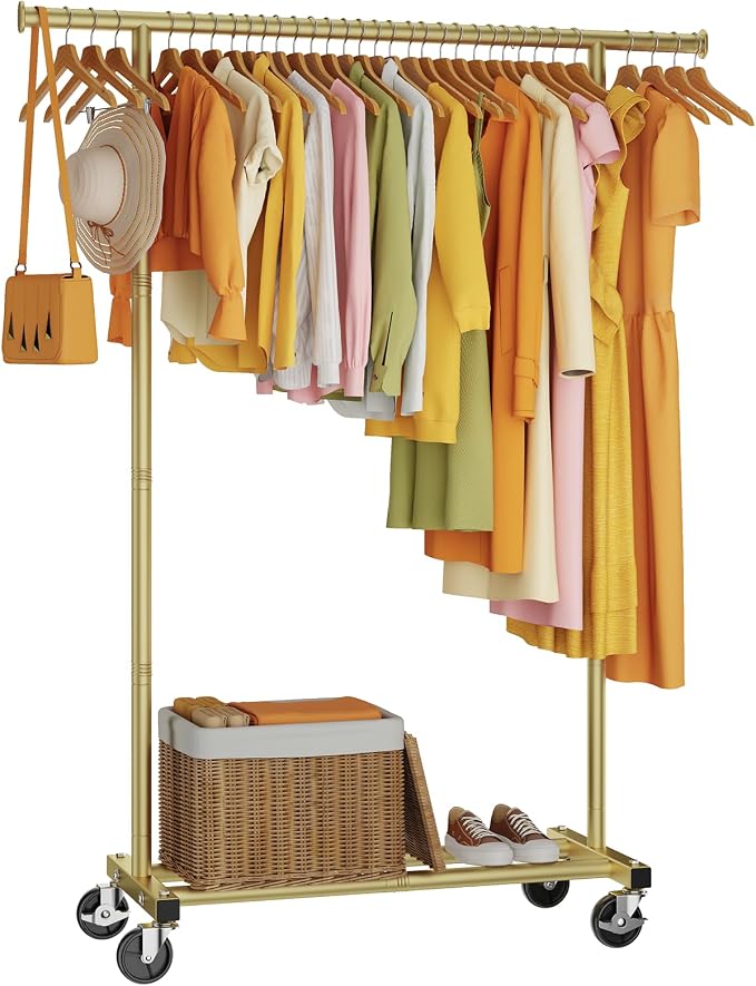 HYSEYY Clothes Rack, Clothing Rack for Hanging Clothes, Rolling Garment Rack Sturdy Coat Rack Portable Wardrobe Rack Metal Closet Rack for Bedroom Laundry Living Room, Warm Gold