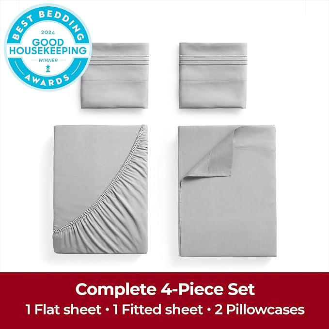 Mellanni Iconic 4-Piece, Ultra Soft Sheet Set (Full, Light Gray) | 10M+ Sleepers. Lab-tested: Sleeps Cool, Stays Bright, Strong, Smooth. Good Housekeeping Best Bedding, 7 yrs running.