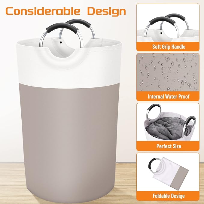 BlissTotes 115L Laundry Basket, Freestanding Collapsible Hamper, Brown | Collapsible Dirty Clothes Hamper, Foldable Laundry Bag for Dorm, Waterproof Fabric, Padded Aluminum Handles