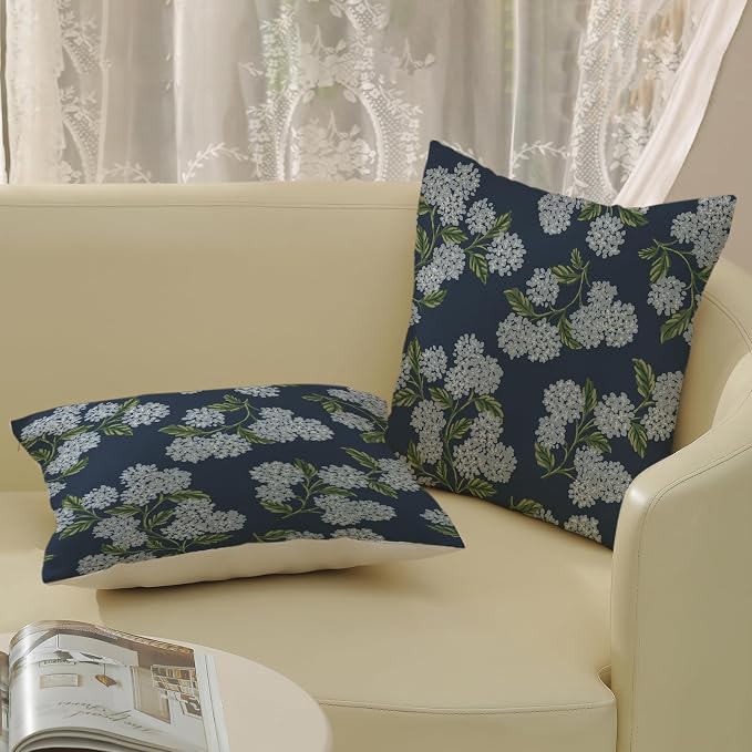 Navy Blue Spring Pillow Covers 16x16 Inch 2 Pcs Blue Green Hydrangea Flower Decor Throw Pillows Vintage Floral Seasonal Summer Outdoor Decoration Pillowcase Linen Cushion Cover for Couch Sofa