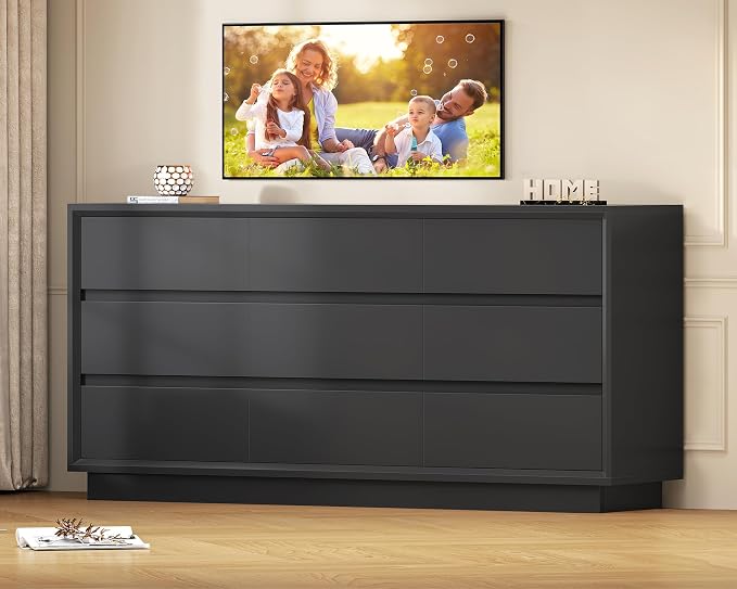 TEENFON 63" Dresser for Bedroom with 9 Drawers, Black Dresser with Metal Slide, Bedroom Dressers, Wood Dressers & Chests of Drawers for Bedroom, Hallway, Black