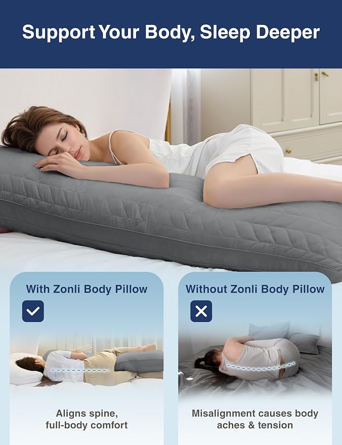 ZonLi Long Body Pillow for Adults, Firm Body Pillow with Adjustable Shredded Memory Foam, Soft Support for Side Sleepers, Pregnant Women, Washable Quilted, 20 x 54 Inch, Grey
