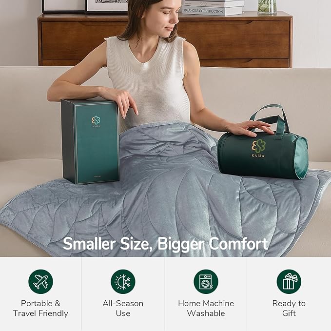 Weighted Lap Blanket for Adults, 7 lbs 41" x 53", Leaf Pattern, Light Blue | Washable Weighted Blankets, Small Portable Blanket for Relaxation, Cozy Luxury Crystal Velvet All-Season Heavy Blanket