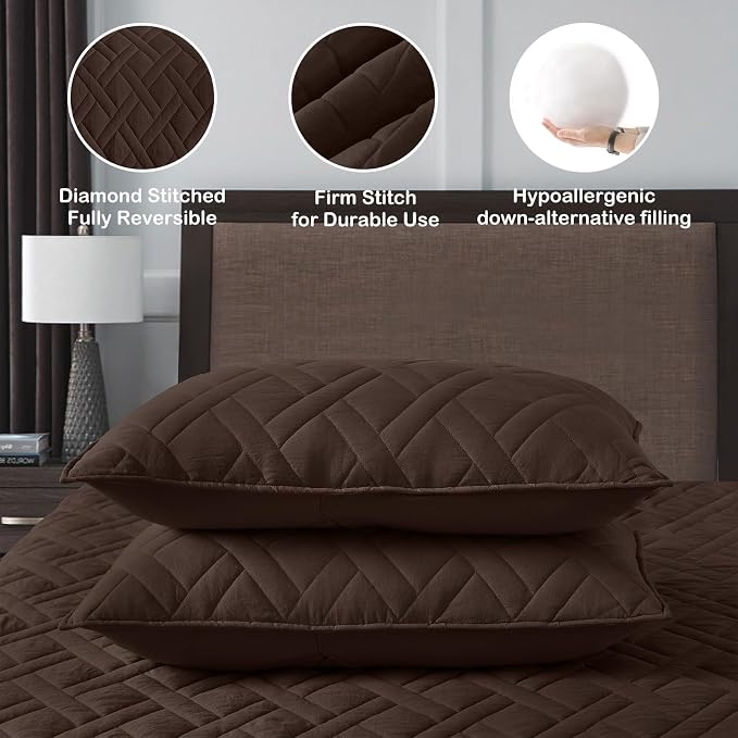 HORIMOTE HOME Quilt Set King Size Chocolate, Classic Geometric Diamond Stitched Pattern, Ultra Soft Microfiber Lightweight Bedding Bedspread Coverlet for All Season with 1 Quilt 2 Pillow Shams