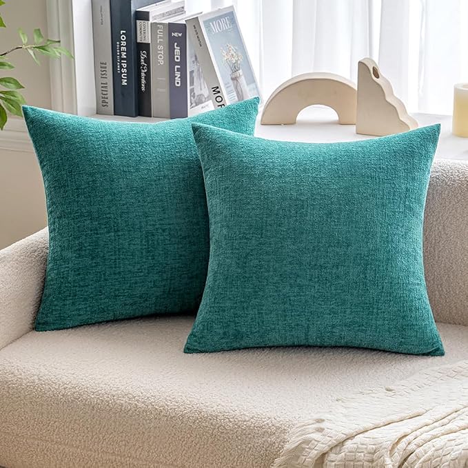 MIULEE Soft Chenille Euro Throw Pillow Covers Teal 24x24 Inch Pack of 2 | Modern Home Decor, Classic Decorative Pillows, Solid Dyed Cases, Boho Couch Cushion Covers for Sofa Bed Living Room