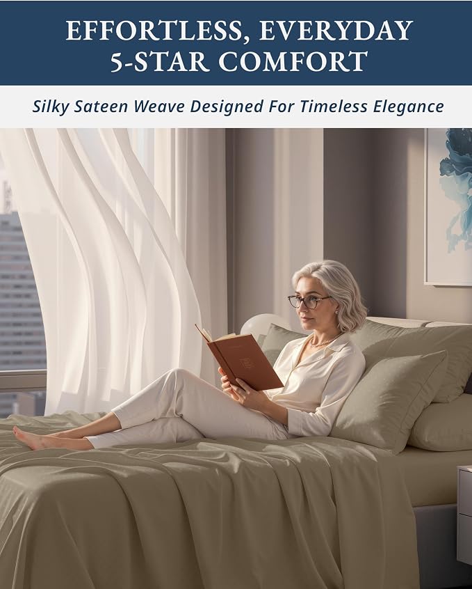 LANE LINEN Cotton Full Size Sheet Sets 100% Egyptian Cotton Sateen - Taupe | Full XL Sheets Set - 4-Piece Set, For A Luxurious Night's Sleep, For Guests And Everyday Use, Guest-Ready Comfort