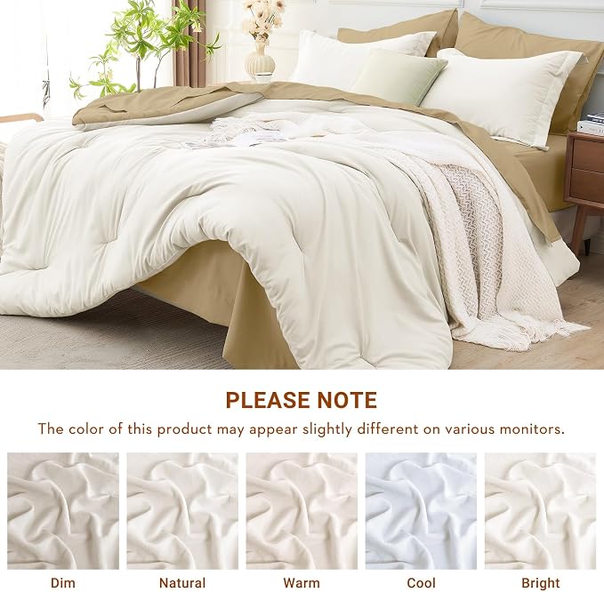 7 Pieces Queen Comforter Set, Soft Bed in a Bag Queen Size, All Season Bedding Set with Comforter, Flat Sheet, Fitted Sheet, Pillowcases & Shams, Ivory & Khaki