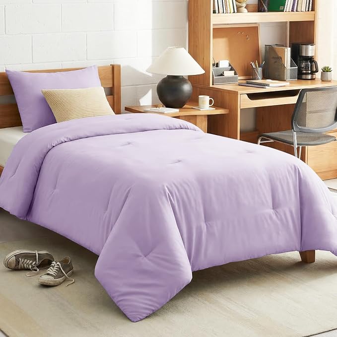 Twin Comforter Set, 2 Pieces Down Alternative Bedding, Lavender | 270 GSM Twin XL College Dorm Comforter with 4 Corner Ties Use as a Duvet Insert, OEKO-TEX Certified, 1 Pillowcase, 68 x 88 in