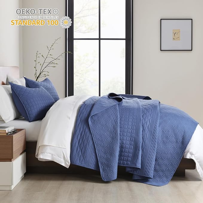 HORIMOTE HOME Denim Blue Twin Size Quilt Set - Soft Microfiber Bedspread with 1 Sham, Lightweight & All-Season Geometric Coverlet for Cozy Bedding