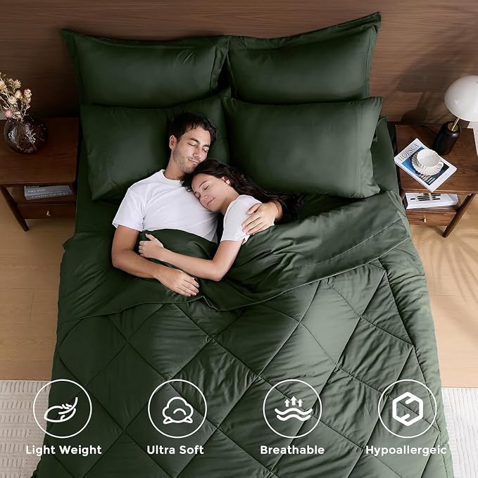 7-Piece Oversized Queen Comforter Set, Dark Green | Reversible, All-Season, Soft, 7 Piece Set, All-Season Reversible Bed in a Bag, Flat Sheet, Fitted Sheet, Pillowcases