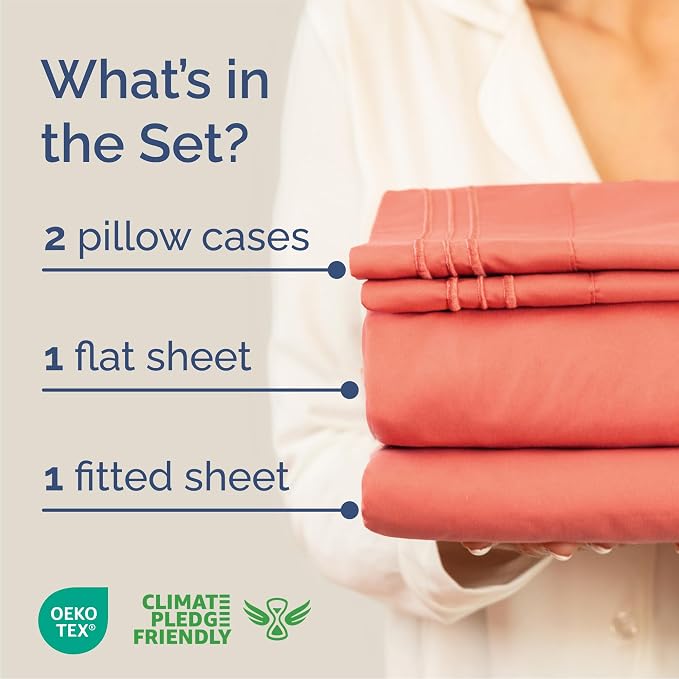 Queen Size 4 Piece Sheet Set - Comfy Breathable & Cooling Sheets - Coral | Hotel Luxury Bed Sheets for Women & Men, Deep Pockets, Easy-Fit, Extra Soft and Wrinkle Free Sheets, Oeko-Tex Bed Sheet Set