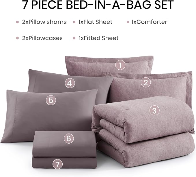 Monbix Full Size Comforter Set 7 Pieces Lilac Cationic Dyeing Bed in a Bag | Lightweight Reversible All Season Bedding Sets with Comforter, Sheets, Pillowcases & Shams