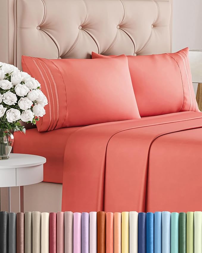 Queen Size 4 Piece Sheet Set - Comfy Breathable & Cooling Sheets - Coral | Hotel Luxury Bed Sheets for Women & Men, Deep Pockets, Easy-Fit, Extra Soft and Wrinkle Free Sheets, Oeko-Tex Bed Sheet Set