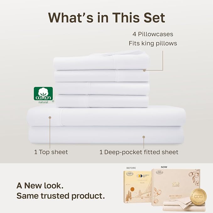 California Design Den 100% Cotton Sateen King Bed Sheet Set, 6 Pcs, White | 6 Pcs with 4 Pillowcases, 400 Thread Count Backed by Good Housekeeping Seal, 16" Deep Pocket, All-Around Elastic, Durable
