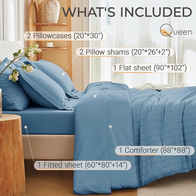 7 Pieces Queen Comforter Set, Seersucker Bed in a Bag Queen Size, All Season Luxury Bedding Set with Comforter, Flat Sheet, Fitted Sheet, Pillowcases & Shams, Mineral Blue