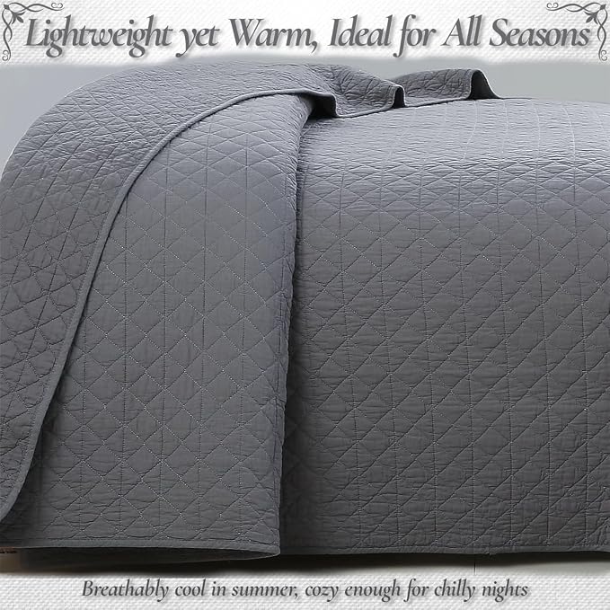 Cozy Line Home Fashions 100% Cotton Quilt Set – 3-Piece Charcoal Gray Solid Classic Modern Quilted Bedspread with Shams, Lightweight All Season Modern Bedding (Diamond Gray, King)