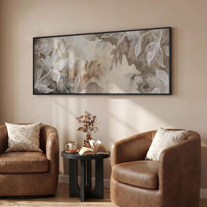 Large Framed Brown Beige Floral Abstract Wall Art for Living Room, 60x20 In | Magnolia pictures, Long horizontal artwork, Canvas print, Wood frame, Watercolor painting, Wall decor for bedroom dining room