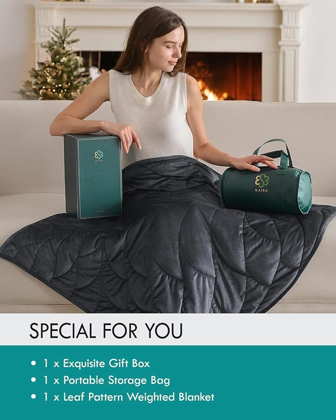 Kaisa Weighted Lap Blanket for Adults, 7 lbs 41" x 53", Leaf Pattern, Gray | Washable Weighted Blankets, Small Portable Blanket for Relaxation, Cozy Luxury Crystal Velvet All-Season Heavy Blanket