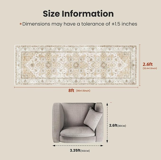AMADA HOMEFURNISHING 2'6"x8' Washable Area Rug, Low-Profile Entryway Rug with Non-Slip Backing & Durable Edge Binding, Vintage Rug Pattern, Small Rugs for Entryway, Kitchen & Living Room