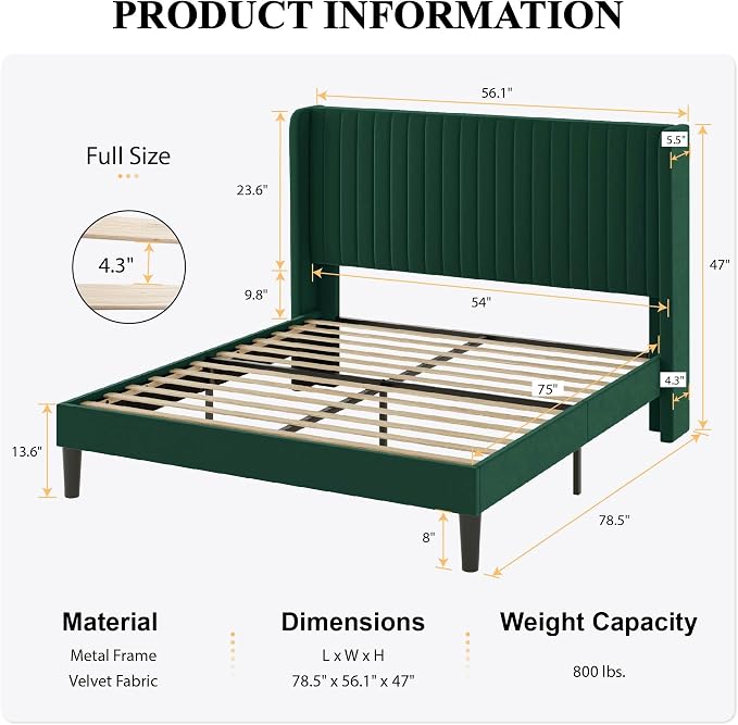 SHA CERLIN Full Size Velvet Bed Frame, Tufted Wingback Headboard, Green | 47'' Modern Vertical Channel Headboard, Upholstered Platform Bed, Wood Slats, No Box Spring Needed, Easy Assembly, Noise Free