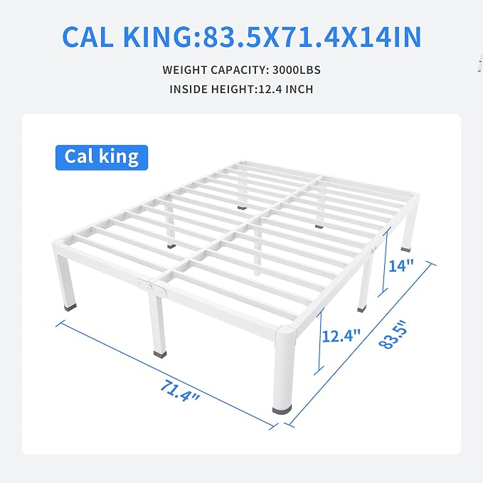 MAF 14 Inch Cal King Metal Platform Bed Frame White with Round Corner Legs | Mattress Baffle, 3000 LBS Heavy Duty Steel Slat Support, Noise Free, No Box Spring Needed, Easy Assembly, 12.4" Storage Space