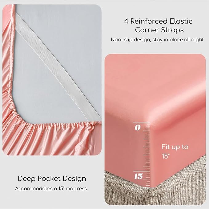 MR&HM Satin Sheets Twin Size with Elastic Corner Straps, Blush | Similar to Silk, 3-Piece Silky Soft Bed Sheet Set, Gentle on Skin and Hair, 15" Deep Pocket, Cooling & Breathable