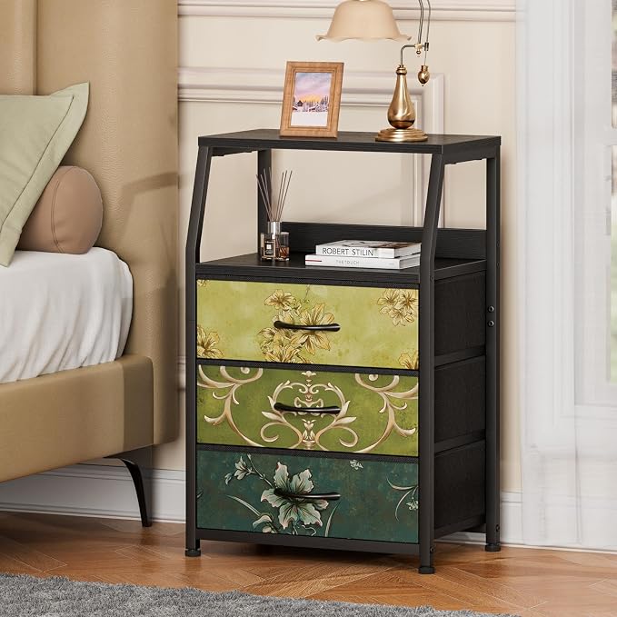 Furnulem Retro NightStand with 3 Drawer, Small Vintage Storage Dresser | Small Fabric Night stand Side Table with 2-Tier Shelf, Storage Drawer for Dorm, Closet, Bedside Table, Metal Frame, Wood Top