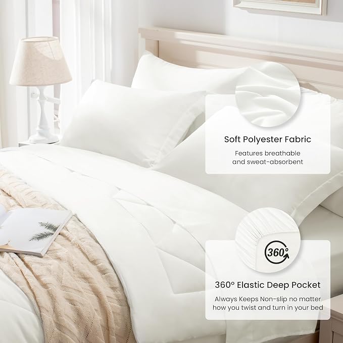 Love's cabin Oversized Queen Comforter Set, 7 Pieces Bed in a Bag, All Season Bedding Sets with 1 Comforter, 1 Flat Sheet, 1 Fitted Sheet, 2 Pillowcase and 2 Pillow Sham, Ivory