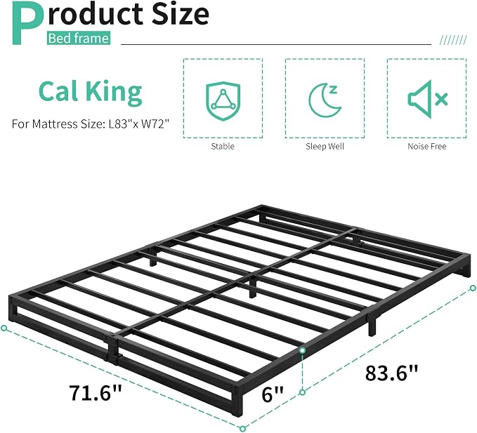 Lutown-Teen 6 Inch California King Bed Frames No Box Spring Needed Heavy Duty Metal Cal King Platform for Mattress Foundation, Noise Free, Easy Assembly, Black