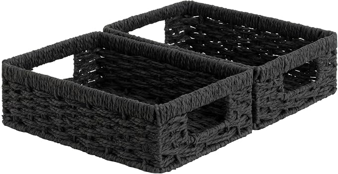 StorageWorks Wicker Baskets for Organizing, Paper Rope Black Baskets,2-Pack | Black Wicker Basket, Black Storage Basket, Woven Baskets for Storage, Small Baskets for Organizing, Wicker Storage Baskets