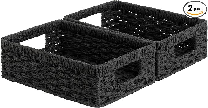 StorageWorks Wicker Baskets for Organizing, Paper Rope Black Baskets,2-Pack | Black Wicker Basket, Black Storage Basket, Woven Baskets for Storage, Small Baskets for Organizing, Wicker Storage Baskets