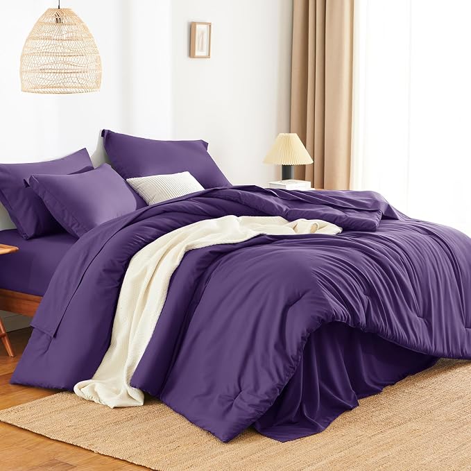 HIMEET Queen Comforter Set, 7-Piece Point-Quilted Bed in a Bag Purple | OEKO-TEX Certified, Lightweight 240 GSM Comforter, Flat Sheet, 14-Inch Deep-Pocket Fitted Sheet, Pillowcases & Shams