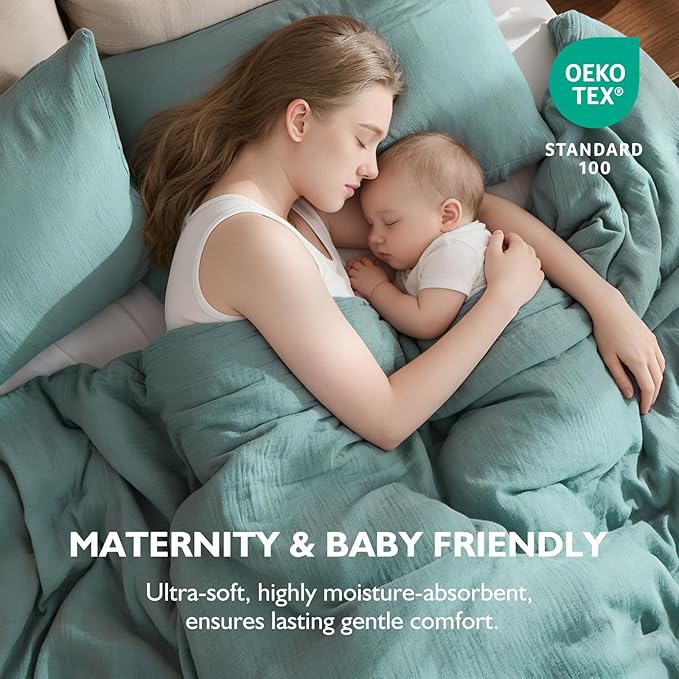 EMME Muslin Cotton Duvet Cover Set Teal King Size Linen Like Soft Breathable Lightweight Summer Comforter Cover Set with Zipper Closure (Teal, King, 104"x90")