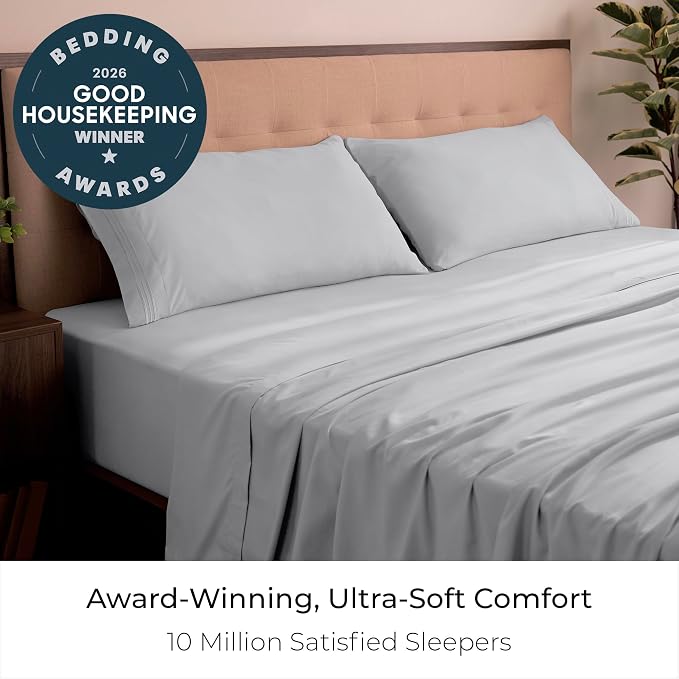 Mellanni Iconic 4-Piece, Ultra Soft Sheet Set (California King, Light Gray) | 10M+ Sleepers. Lab-tested: Sleeps Cool, Stays Bright, Strong, Smooth. Good Housekeeping Best Bedding, 7 yrs running.
