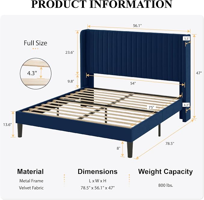 SHA CERLIN Full Size Velvet Bed Frame, Tufted Wingback Headboard, Blue | 47'' Modern Vertical Channel Headboard, Upholstered Platform Bed, Wood Slats, No Box Spring Needed, Easy Assembly, Noise Free