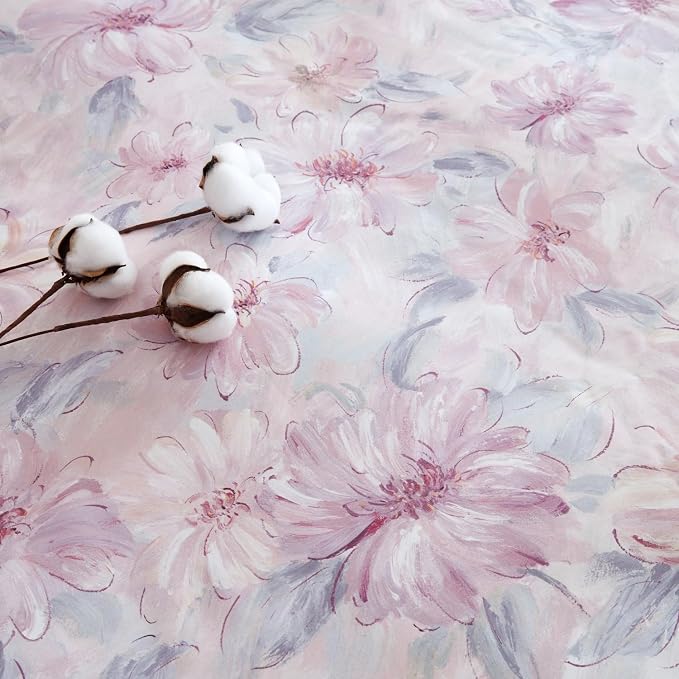 OAITE Queen Duvet Cover Set 3pcs 100% Cotton 600 Thread Count with Floral | Luxury Soft, Breathable,Long Staple Cotton,Hidden Zipper,8 Corner Ties,Easy Care for All Season